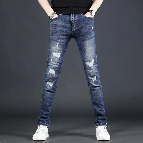 潮牌高级破洞牛仔裤男春秋季新款修身小脚长裤百搭潮流补丁男裤子商品大图