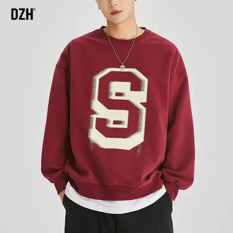 男士酒红色卫衣秋季男美式重磅潮牌男装2023新款秋装宽松外套男款商品大图