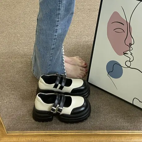 拼色玛丽珍小皮鞋女2023年冬季新款复古英伦风百搭厚底增高配裙子商品大图