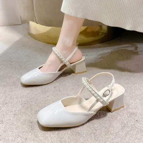 珍珠粗跟凉鞋女2023夏季新款时尚复古气质玛丽珍鞋一字带扣高跟鞋商品大图