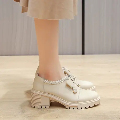 春季女鞋2024年新款粗跟高跟鞋子女百搭时尚单鞋蝴蝶结温柔小皮鞋图片