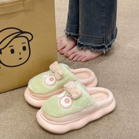 可爱大眼睛蝴蝶结棉拖鞋女秋冬季毛绒保暖踩屎感防滑厚底居家拖鞋商品大图