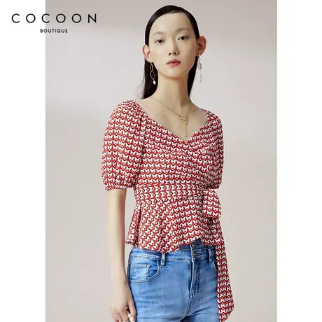 COCOON商场同款气质2023春装新款女装腰部系带蝴蝶结法式雪纺衫女商品大图