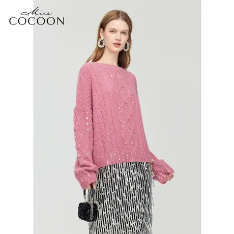 missCOCOON宽松上衣2023冬季新女复古绞花纹理重工珠片毛针织衫商品大图
