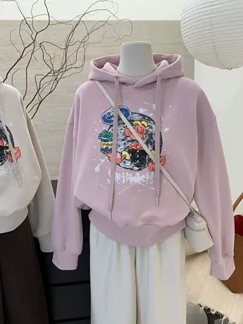 美式复古卡通做旧印花宽松显瘦加绒连帽卫衣女秋冬新款百搭上衣商品大图