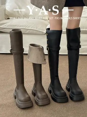 厚底骑士长筒靴女2023秋冬新款小个子高筒马丁靴不过膝长靴瘦瘦靴图片