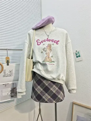 秋冬新款卡通印花加绒加厚卫衣女韩版小清新宽松学生休闲保暖上衣图片