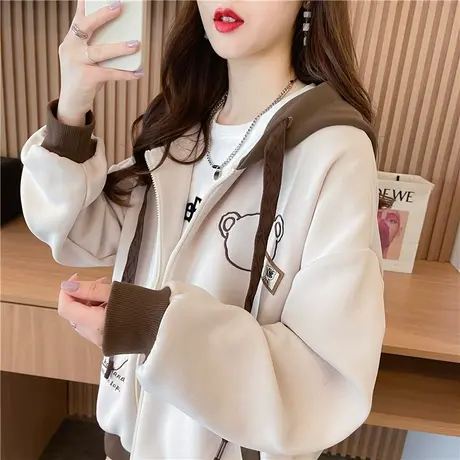 小个子设计感小众外套女秋冬季韩版宽松加绒加厚可爱小熊开衫卫衣图片