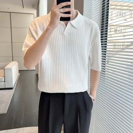 春秋季条纹POLO衫短袖潮牌T恤半袖2023新款男装上衣夏装ins半截袖商品大图