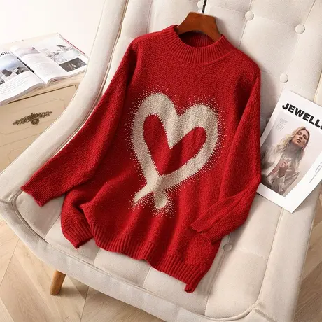 伊自尚2024春季新款气质爱心毛衣中长款大码气质显瘦烫钻红色上衣图片