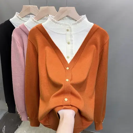 半高领毛衣女假两件打底衫2025春秋新款蕾丝针织衫内搭洋气上衣潮商品大图