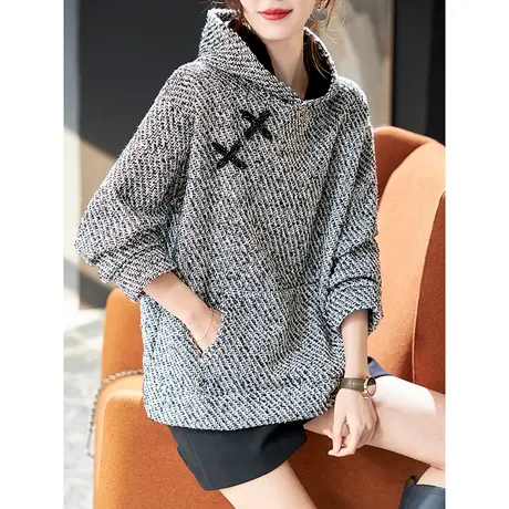 宝诗黎连帽宽松花呢加绒卫衣2024春季新款外穿落肩套头上衣女时尚商品大图