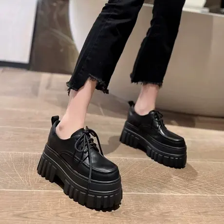 春秋内增高女鞋2025新款黑色英伦风单鞋子女小个子厚底松糕小皮鞋商品大图