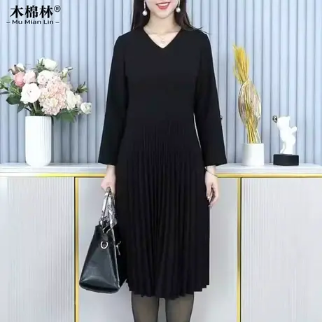 胖mm加肥加大高级连衣裙春秋宽松遮肉妈妈黑色大码中长款打底裙潮商品大图