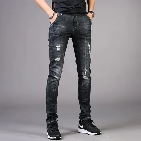 男士破洞牛仔裤男秋款欧美裤子休闲韩版男款修身小脚潮牌2023新款图片