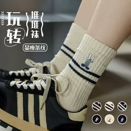 袜子女中筒ins学院风日系运动条纹堆堆袜春款长筒可爱风卡通棉袜商品大图