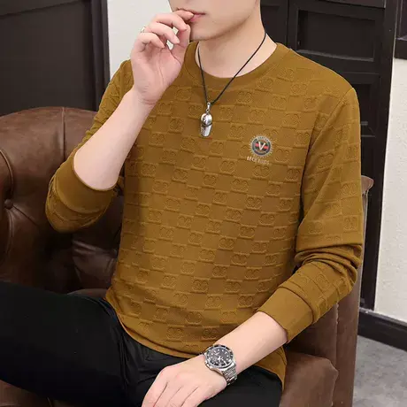长袖T恤男士2023秋冬季新款厚款打底体恤衫潮流时尚提花圆领卫衣商品大图
