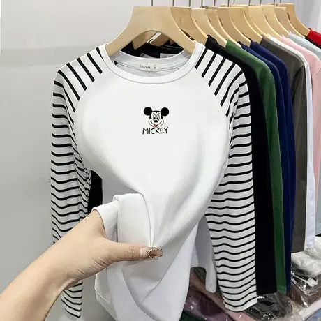 早春季条纹t恤女纯棉圆领撞色正肩外穿上衣设计感磨毛加厚打底衫商品大图