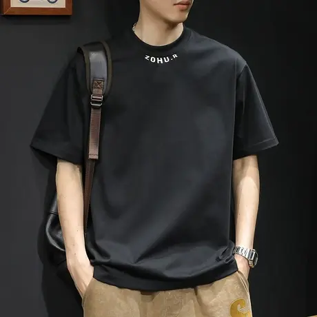 黑色潮牌短袖t恤男士宽松大码夏季2024新款纯棉男款男装重磅体恤商品大图