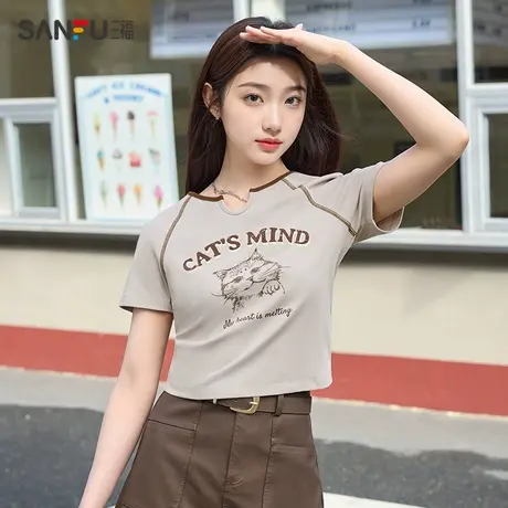 三福短T恤2024夏季复古猫咪图案撞色修身短款上衣女装482137商品大图