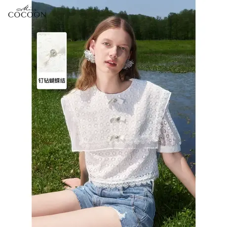 missCOCOON白色法式蕾丝雪纺衫女2023夏新款海军领镂空设计感上衣图片