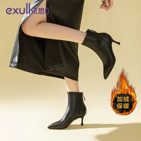 依思Q保暖棉鞋细跟短靴女款英伦风细跟瘦瘦皮靴尖头加绒女高跟鞋商品大图