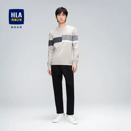 HLA/海澜之家2023圆领长袖针织衫男拼色色块修身弹力套头上衣男图片