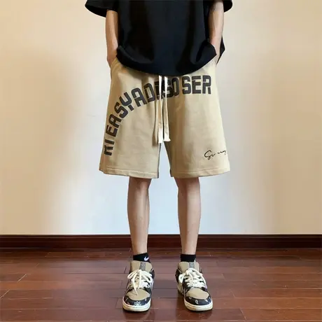 薄款男士短裤夏季速干百搭休闲沙滩裤港风发泡字母宽松直筒五分裤商品大图