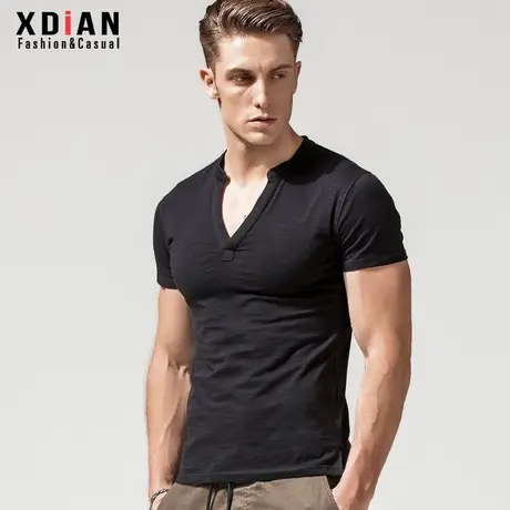 续点 紧身t恤男短袖棉个性潮流 大V领修身低领打底衫男士体恤夏季商品大图