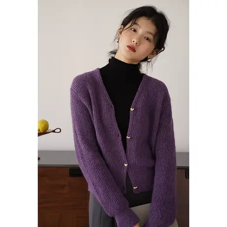 嘉茱莉2023秋季新款针织开衫外套女V领针织衫短款针织毛衣薄款图片