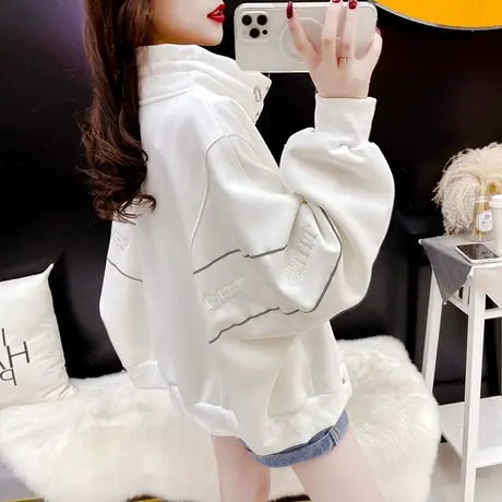 立领卫衣开衫外套女2023新款秋冬洋气减龄宽松设计感加绒加厚上衣商品大图