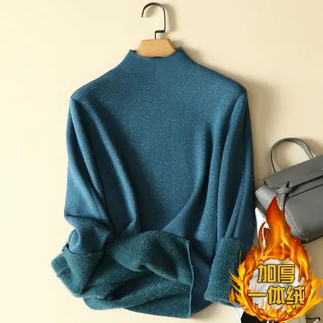 一体绒半高领毛衣女2022年新款加绒加厚宽松打底衫女秋冬内搭针织图片