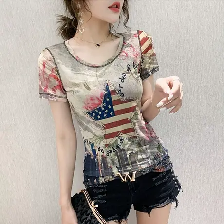 女装2023新款潮欧货时尚印花T恤女短袖夏季显瘦洋气上衣百搭小衫商品大图