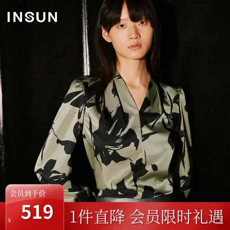 恩裳COVER2023秋季新款复古大气印花V领捏褶衬衫气质宽松长袖上衣图片