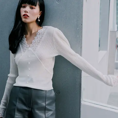 白色薄款V领羊毛针织衫秋装女2023年新款长袖内搭螺纹毛衣打底衫商品大图