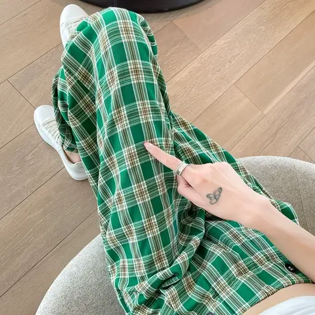 绿色格子运动裤女夏季薄款高腰宽松显瘦复古百搭九分休闲束脚裤潮商品大图