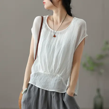 dza复古白色棉麻上衣女士夏季薄款短袖t恤女装宽松短袖漂亮打底衫商品大图