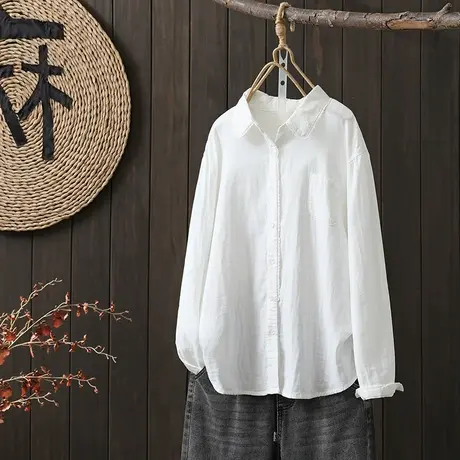 枫谜2023年春季新款文艺范复古双层棉纱翻领纯色长袖衬衫女上衣图片