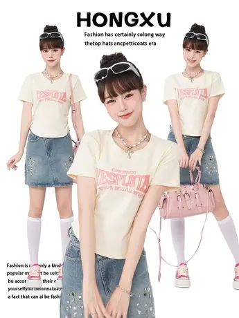 红续夏季新款bm风刺绣字母正肩短款修身短袖T恤女小个子甜辣上衣图片