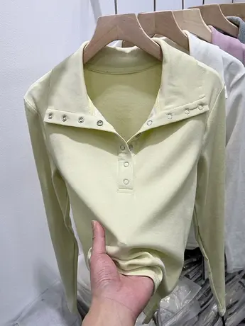 欧货设计感纽扣翻领长袖T恤女2023春装新款洋气打底衫体恤上衣潮图片