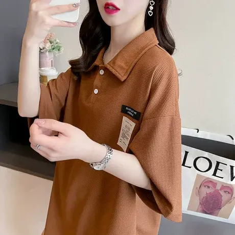 小众设计感短袖t恤女夏装韩版宽松大码中长款翻领华夫格半袖上衣图片