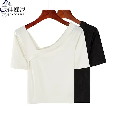 夏季新款韩版斜领修身显瘦纯色纯棉短袖体恤上衣内搭打底衫女装商品大图