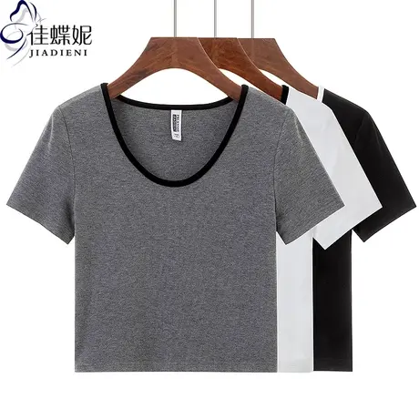 夏季新款韩版圆领撞色小众修身显瘦短款纯棉短袖体恤上衣内搭女装图片