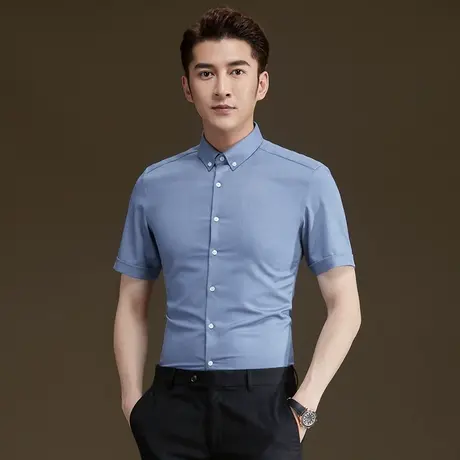 POWO男士短袖潮衬衫修身商务职业韩版潮流免烫衬衣黑色夏季寸衫商品大图