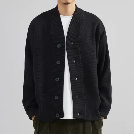 柔软垂感华夫格开衫针织衫男春秋外套小众设计师日式长袖帅气衣服图片