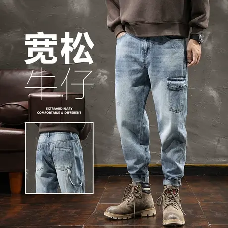 秋冬季多口袋工装牛仔裤男士加肥加大码潮胖子2023新款休闲男裤子商品大图