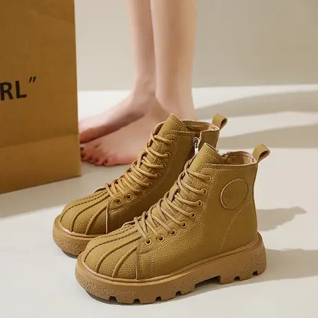 欧货贝壳头马丁靴女厚底单靴中跟短靴女粗跟2023秋冬新款女靴潮鞋商品大图