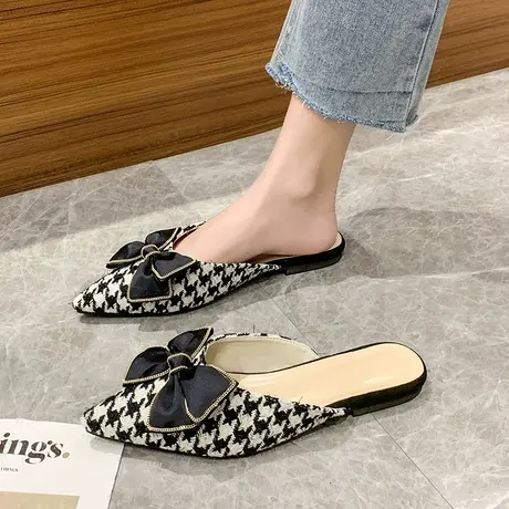 包头半拖鞋女外穿2023新款春夏季网红百搭平底蝴蝶结尖头穆勒凉拖商品大图