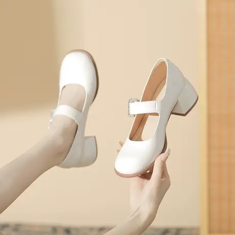 2023年秋季配裙子鞋子女粗跟方头单鞋高跟小皮鞋百搭法式玛丽珍女商品大图