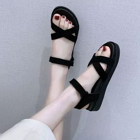黑色凉鞋女夏季平底鞋2023年新款韩版厚底魔术贴百搭仙女风沙滩鞋图片
